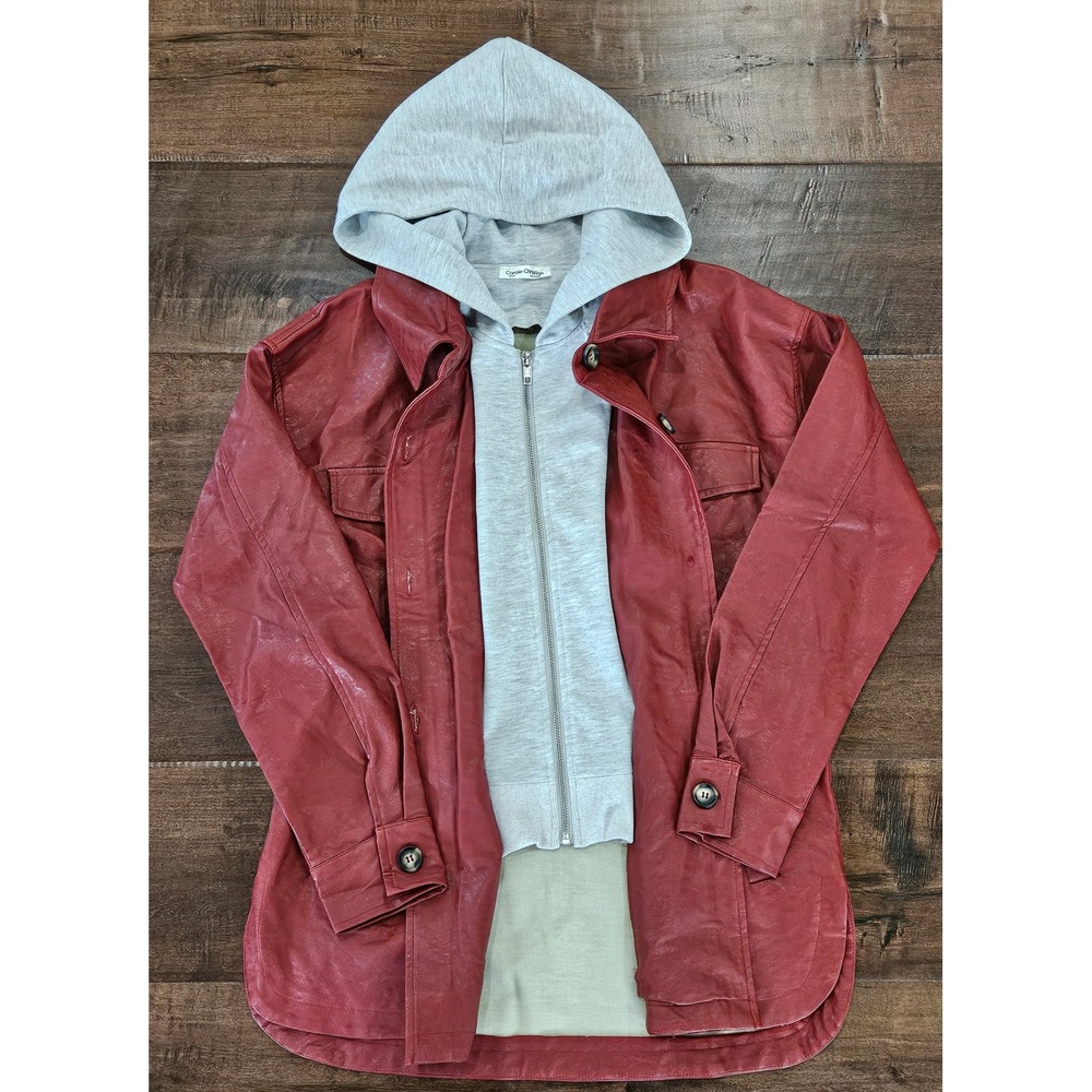 Edgy‎ Streetwear Motovibe Rust Red Faux Leather Hooded Jacket Grey Hoodie S
